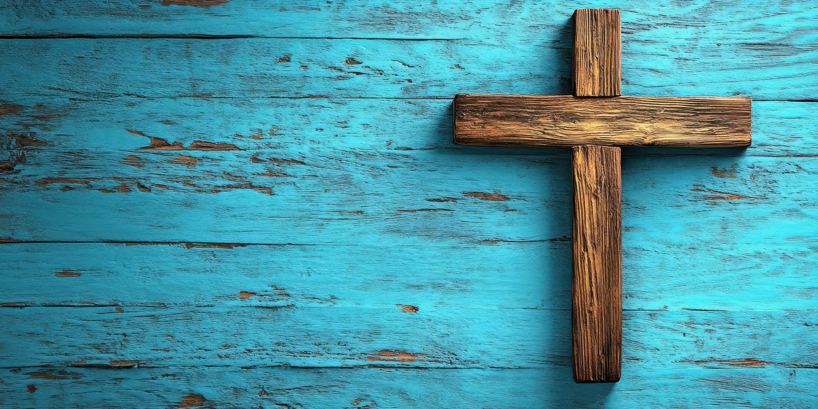 Wooden cross placed on a vibrant blue wooden background showcasing faith and craftsmanship